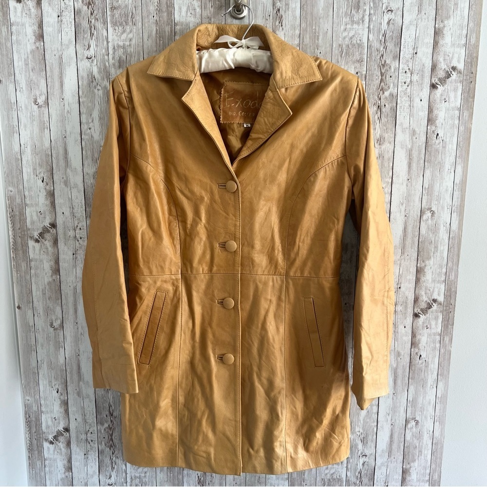 Vintage Leather Tan Women's Jacket Trench Coat Medium